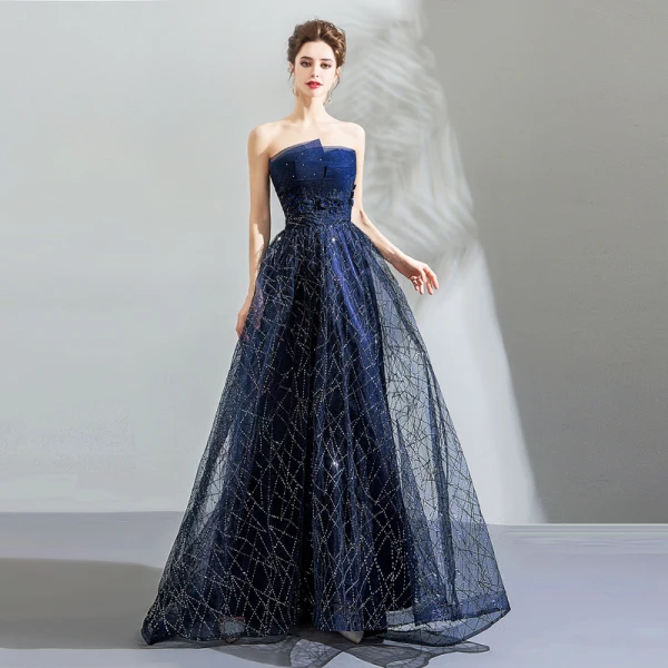 Bling Bling Marineblau Abendkleider 2018 Empire Bandeau Ärmellos Kristall Pailletten Sweep / Pinsel Zug Rüschen Rückenfreies Festliche Kleider