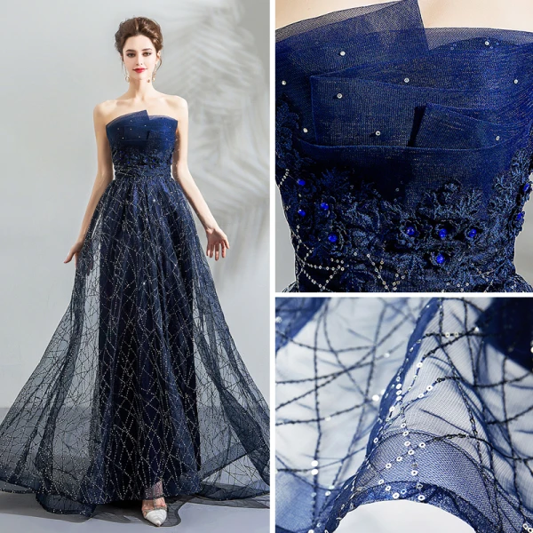 Bling Bling Marineblau Abendkleider 2018 Empire Bandeau Ärmellos Kristall Pailletten Sweep / Pinsel Zug Rüschen Rückenfreies Festliche Kleider