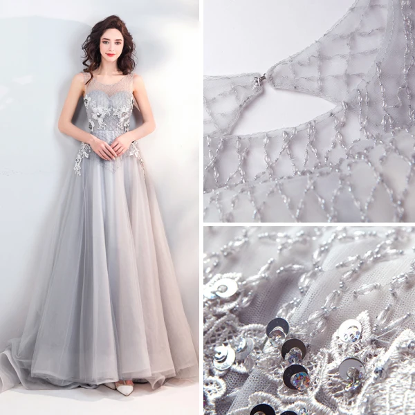 Moderne / Mode Gris Transparentes Robe De Soirée 2018 Princesse Encolure Dégagée Sans Manches Appliques En Dentelle Perlage Paillettes Train De Balayage Volants Dos Nu Robe De Ceremonie