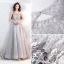 Moderne / Mode Gris Transparentes Robe De Soirée 2018 Princesse Encolure Dégagée Sans Manches Appliques En Dentelle Perlage Paillettes Train De Balayage Volants Dos Nu Robe De Ceremonie