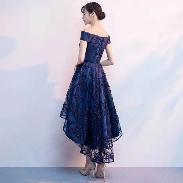 Chic / Belle Bleu Marine Robe De Cocktail 2018 Princesse De l'épaule Manches Courtes Appliques En Dentelle Asymétrique Volants Dos Nu Robe De Ceremonie