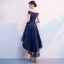 Chic / Belle Bleu Marine Robe De Cocktail 2018 Princesse De l'épaule Manches Courtes Appliques En Dentelle Asymétrique Volants Dos Nu Robe De Ceremonie