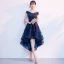 Chic / Belle Bleu Marine Robe De Cocktail 2018 Princesse De l'épaule Manches Courtes Appliques En Dentelle Asymétrique Volants Dos Nu Robe De Ceremonie