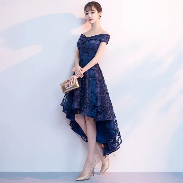 Chic / Beautiful Navy Blue Cocktail Dresses 2018 A-Line / Princess Off ...