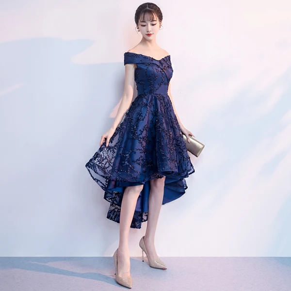 Chic / Belle Bleu Marine Robe De Cocktail 2018 Princesse De l'épaule Manches Courtes Appliques En Dentelle Asymétrique Volants Dos Nu Robe De Ceremonie
