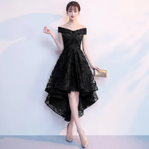 Chic / Beautiful Navy Blue Cocktail Dresses 2018 A-Line / Princess  Off-The-Shoulder Short Sleeve Appliques