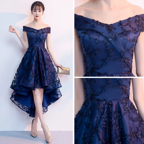 Chic / Belle Bleu Marine Robe De Cocktail 2018 Princesse De l'épaule Manches Courtes Appliques En Dentelle Asymétrique Volants Dos Nu Robe De Ceremonie