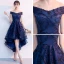 Chic / Belle Bleu Marine Robe De Cocktail 2018 Princesse De l'épaule Manches Courtes Appliques En Dentelle Asymétrique Volants Dos Nu Robe De Ceremonie