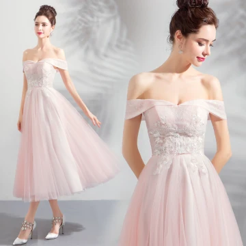 Discount Pearl Pink Homecoming Graduation Dresses 2018 A Line Princess Off The Shoulder Short Sleeve Appliques Lace Beading Tea Length Ruffle Backless Formal Dresses