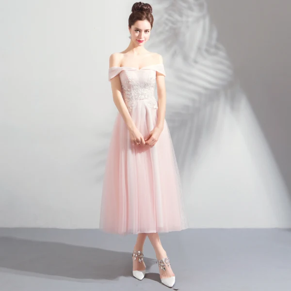 Discount Pearl Pink Homecoming Graduation Dresses 2018 A-Line / Princess Off-The-Shoulder Short Sleeve Appliques Lace Beading Tea-length Ruffle Backless Formal Dresses