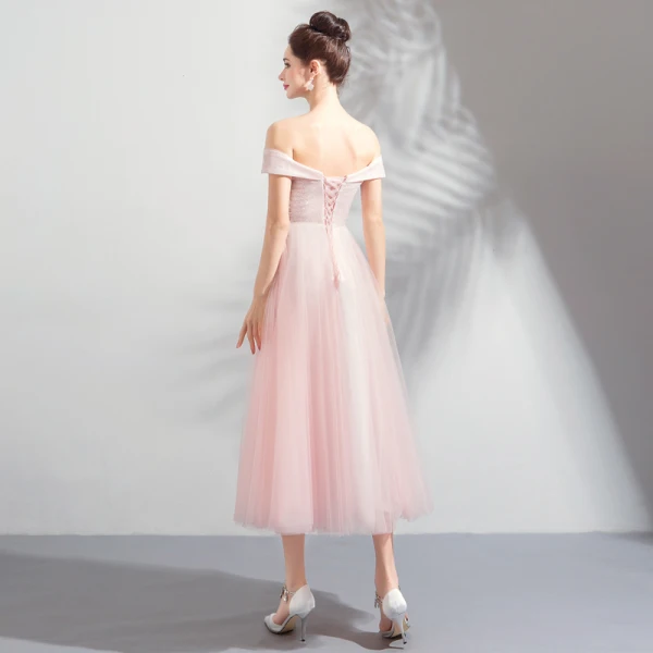 Discount Pearl Pink Homecoming Graduation Dresses 2018 A-Line / Princess Off-The-Shoulder Short Sleeve Appliques Lace Beading Tea-length Ruffle Backless Formal Dresses