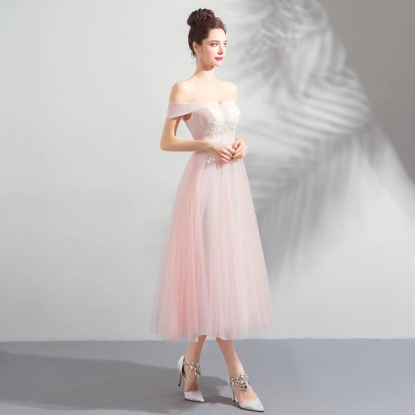 Discount Pearl Pink Homecoming Graduation Dresses 2018 A-Line / Princess Off-The-Shoulder Short Sleeve Appliques Lace Beading Tea-length Ruffle Backless Formal Dresses