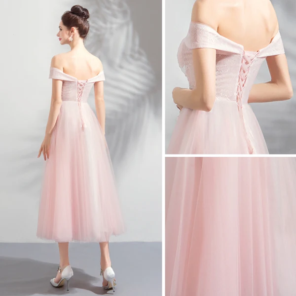 Discount Pearl Pink Homecoming Graduation Dresses 2018 A-Line / Princess Off-The-Shoulder Short Sleeve Appliques Lace Beading Tea-length Ruffle Backless Formal Dresses