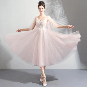 Chic Belle Perle Rose De Retour Robe De Graduation 2018 Princesse V Cou 1 2 Manches Appliques En Dentelle Perlage Thé Longueur Volants Dos Nu Robe De Ceremonie