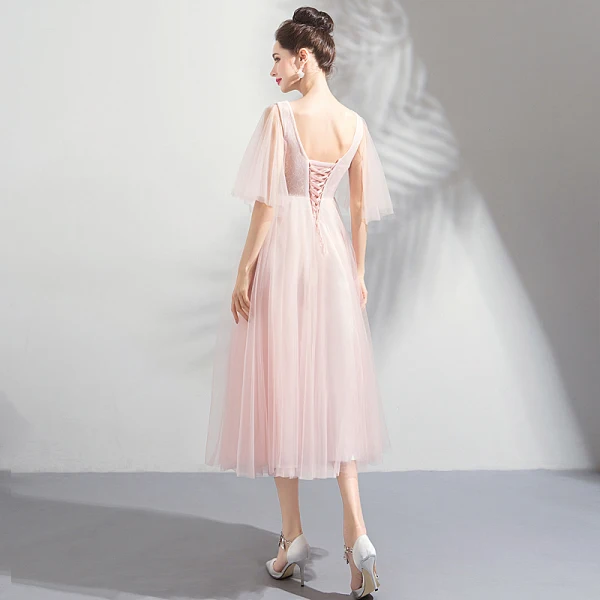 Chic / Beautiful Pearl Pink Homecoming Graduation Dresses 2018 A-Line / Princess V-Neck 1/2 Sleeves Appliques Lace Beading Tea-length Ruffle Backless Formal Dresses