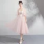 Chic / Beautiful Pearl Pink Homecoming Graduation Dresses 2018 A-Line / Princess V-Neck 1/2 Sleeves Appliques Lace Beading Tea-length Ruffle Backless Formal Dresses