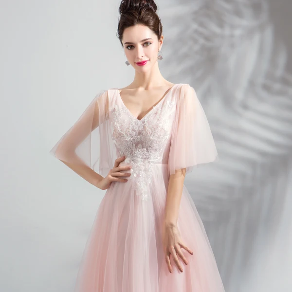 Chic / Beautiful Pearl Pink Homecoming Graduation Dresses 2018 A-Line / Princess V-Neck 1/2 Sleeves Appliques Lace Beading Tea-length Ruffle Backless Formal Dresses