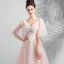 Chic / Beautiful Pearl Pink Homecoming Graduation Dresses 2018 A-Line / Princess V-Neck 1/2 Sleeves Appliques Lace Beading Tea-length Ruffle Backless Formal Dresses