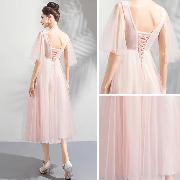 Chic / Beautiful Pearl Pink Homecoming Graduation Dresses 2018 A-Line / Princess V-Neck 1/2 Sleeves Appliques Lace Beading Tea-length Ruffle Backless Formal Dresses