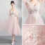 Chic / Beautiful Pearl Pink Homecoming Graduation Dresses 2018 A-Line / Princess V-Neck 1/2 Sleeves Appliques Lace Beading Tea-length Ruffle Backless Formal Dresses