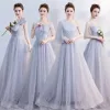 Elegant Grey Bridesmaid Dresses 2018 A-Line / Princess Floor-Length / Long Ruffle Backless Wedding Party Dresses