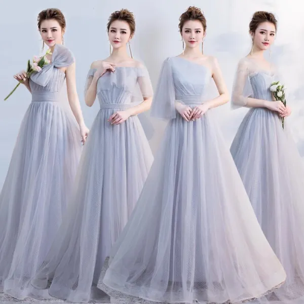 Elegant Grey Bridesmaid Dresses 2018 A-Line / Princess Floor-Length / Long Ruffle Backless Wedding Party Dresses