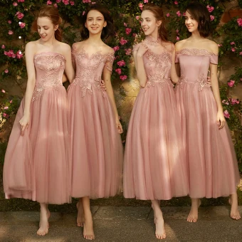 Chic Beautiful Pearl Pink Bridesmaid Dresses 2018 A Line Princess Appliques Pierced Lace Ankle Length Ruffle Wedding Party Dresses