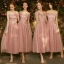 Chic / Beautiful Pearl Pink Bridesmaid Dresses 2018 A-Line / Princess Appliques Pierced Lace Ankle Length Ruffle Wedding Party Dresses