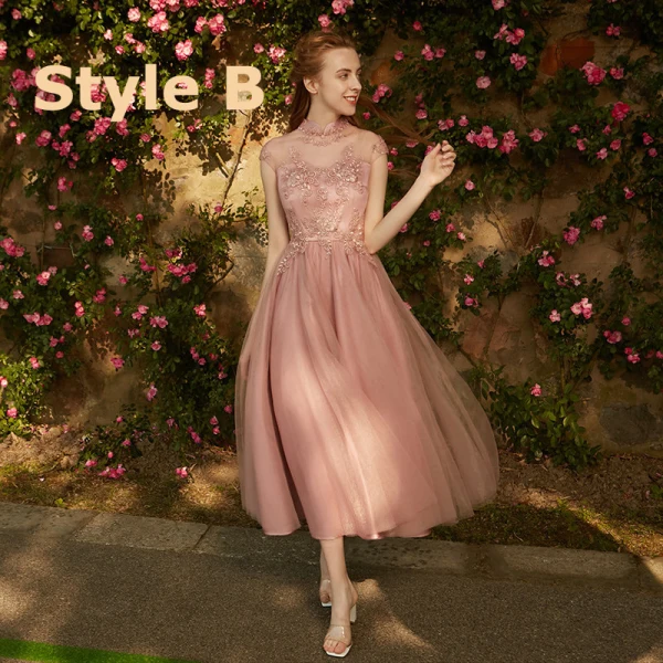 Chic / Beautiful Pearl Pink Bridesmaid Dresses 2018 A-Line / Princess Appliques Pierced Lace Ankle Length Ruffle Wedding Party Dresses