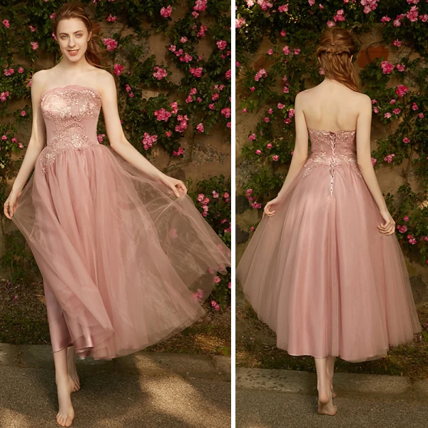 Chic / Beautiful Pearl Pink Bridesmaid Dresses 2018 A-Line / Princess Appliques Pierced Lace Ankle Length Ruffle Wedding Party Dresses