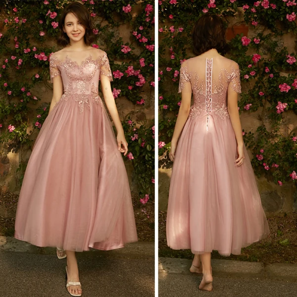 Chic / Beautiful Pearl Pink Bridesmaid Dresses 2018 A-Line / Princess Appliques Pierced Lace Ankle Length Ruffle Wedding Party Dresses