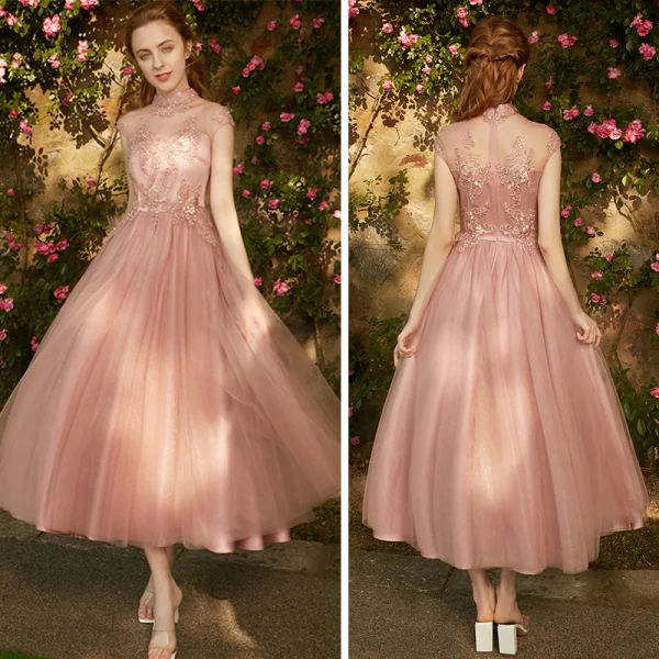 Chic / Beautiful Pearl Pink Bridesmaid Dresses 2018 A-Line / Princess Appliques Pierced Lace Ankle Length Ruffle Wedding Party Dresses