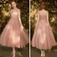 Chic / Beautiful Pearl Pink Bridesmaid Dresses 2018 A-Line / Princess Appliques Pierced Lace Ankle Length Ruffle Wedding Party Dresses