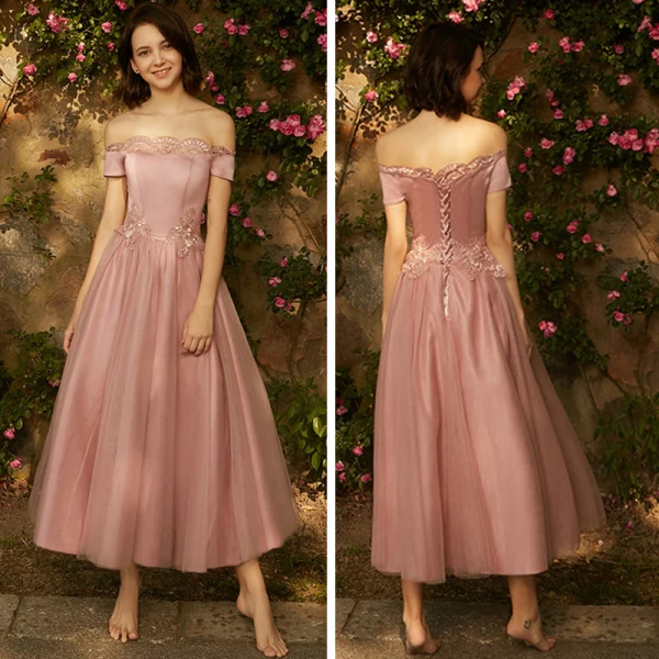 Chic / Beautiful Pearl Pink Bridesmaid Dresses 2018 A-Line / Princess Appliques Pierced Lace Ankle Length Ruffle Wedding Party Dresses