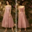 Chic / Beautiful Pearl Pink Bridesmaid Dresses 2018 A-Line / Princess Appliques Pierced Lace Ankle Length Ruffle Wedding Party Dresses