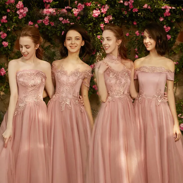 Chic / Beautiful Pearl Pink Bridesmaid Dresses 2018 A-Line / Princess Appliques Pierced Lace Floor-Length / Long Ruffle Backless Wedding Party Dresses