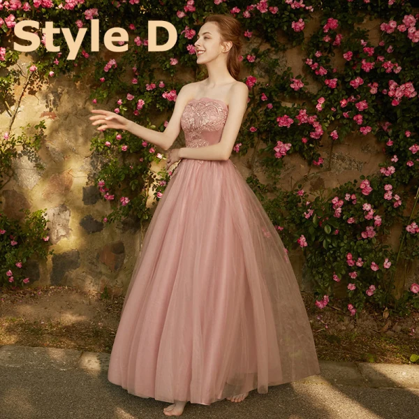 Chic / Belle Perle Rose Robe Demoiselle D'honneur 2018 Princesse Appliques Percé En Dentelle Longue Volants Dos Nu Robe Pour Mariage