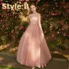 Chic / Beautiful Pearl Pink Bridesmaid Dresses 2018 A-Line / Princess Appliques Pierced Lace Floor-Length / Long Ruffle Backless Wedding Party Dresses
