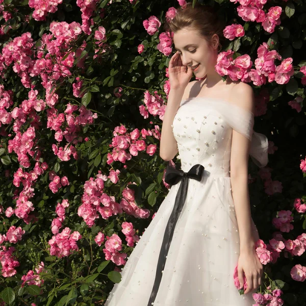 Elegant Champagne White Bridesmaid Dresses 2018 A-Line / Princess Off-The-Shoulder Short Sleeve Pearl Sash Backless Wedding Party Dresses