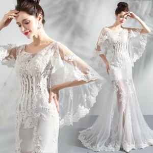 Schöne Weiß Strand Brautkleider 2018 Mermaid Rundhalsausschnitt Durchsichtige Lange Ärmel Rückenfreies Applikationen Mit Spitze Sweep Pinsel Zug