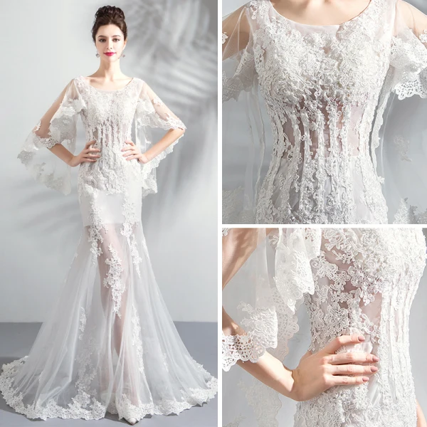 Chic / Belle Blanche Plage Robe De Mariée 2018 Trompette / Sirène Encolure Dégagée Transparentes Manches Longues Dos Nu Appliques En Dentelle Train De Balayage