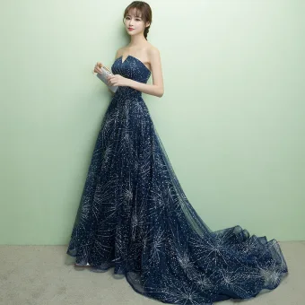 Chic Beautiful Ink Blue Prom Dresses 2017 A Line Princess Sweetheart Sleeveless Glitter Sequins Chapel Train Backless Formal Dresses