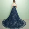 Chic / Beautiful Ink Blue Prom Dresses 2017 A-Line / Princess Sweetheart Sleeveless Glitter Sequins Chapel Train Backless Formal Dresses
