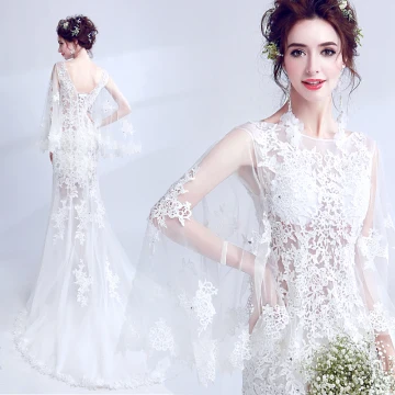 Illusion Summer Beach White See Through Wedding Dresses 2018 Trumpet Mermaid Scoop Neck Long Sleeve Backless Appliques Lace Rhinestone Sweep Train Ruffle