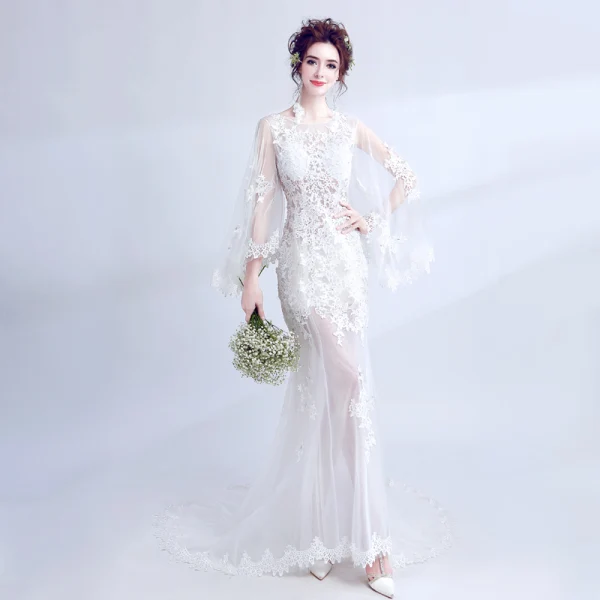 Illusion Summer Beach White See-through Wedding Dresses 2018 Trumpet / Mermaid Scoop Neck Long Sleeve Backless Appliques Lace Rhinestone Sweep Train Ruffle