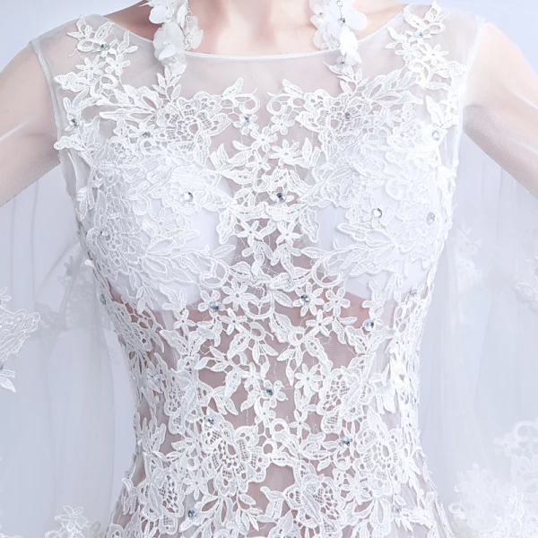 Illusion Summer Beach White See-through Wedding Dresses 2018 Trumpet / Mermaid Scoop Neck Long Sleeve Backless Appliques Lace Rhinestone Sweep Train Ruffle