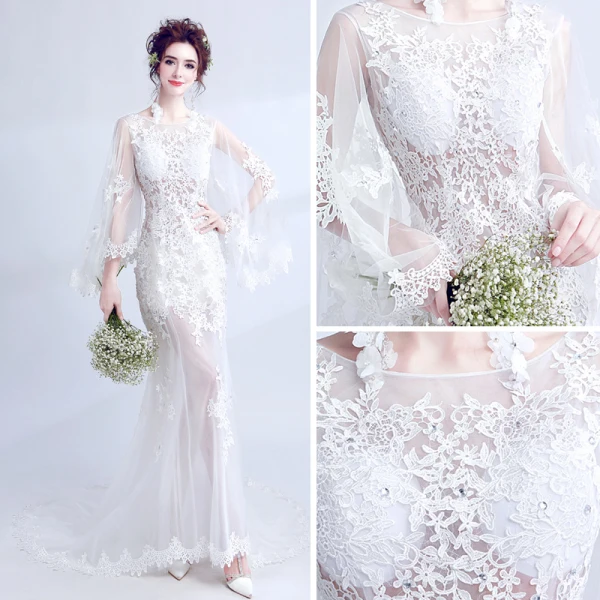 Illusion Summer Beach White See-through Wedding Dresses 2018 Trumpet / Mermaid Scoop Neck Long Sleeve Backless Appliques Lace Rhinestone Sweep Train Ruffle