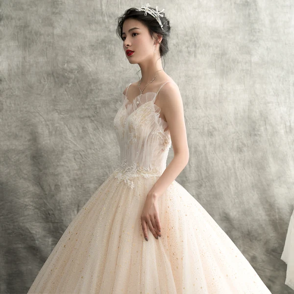 Chic / Beautiful Champagne Wedding Dresses 2018 A-Line / Princess Spaghetti Straps Sleeveless Backless Spotted Tulle Appliques Lace Floor-Length / Long Ruffle