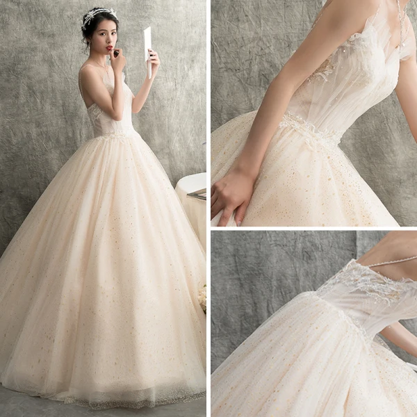 Chic / Beautiful Champagne Wedding Dresses 2018 A-Line / Princess Spaghetti Straps Sleeveless Backless Spotted Tulle Appliques Lace Floor-Length / Long Ruffle