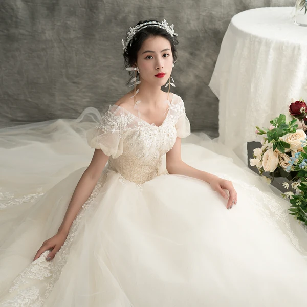 Schöne Champagner Brautkleider / Hochzeitskleider 2018 A Linie V-Ausschnitt Geschwollenes Kurze Ärmel Rückenfreies Applikationen Spitze Perlenstickerei Sweep / Pinsel Zug Rüschen